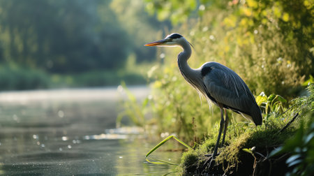Heron standing by the lakeside in morning lightの素材