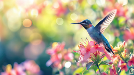 Hummingbird hovering over pink flowers with a bokeh backgroundの素材
