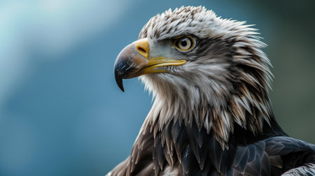 Bald eagle staring intensely with a blurred blue backgroundの素材