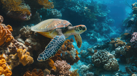 Sea turtle amidst coral undersea in sunlit watersの素材