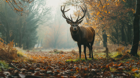 Majestic stag standing alert in a misty forest clearing, surrounded by autumn leavesの素材