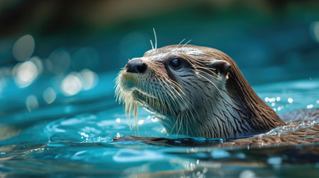 An otter swimming in clear blue waters, whiskers glisteningの素材
