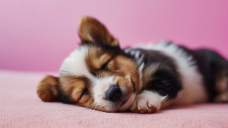 Sleeping puppy with tricolor fur on a soft pink backgroundの素材