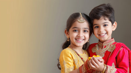 Children in traditional attire smiling togetherの素材
