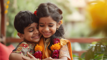 Children exchanging flowers in cultural garmentsの素材