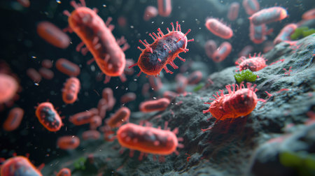 Red bacteria on a rocky surface with green spores in a microscopic viewの素材