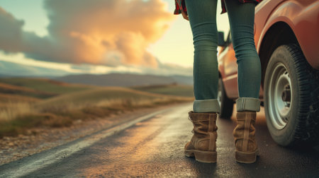 Legs by a car on a road trip at sunsetの素材