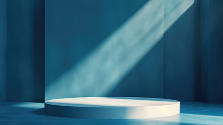 Sunlight streaming into a blue room with a round stageの素材
