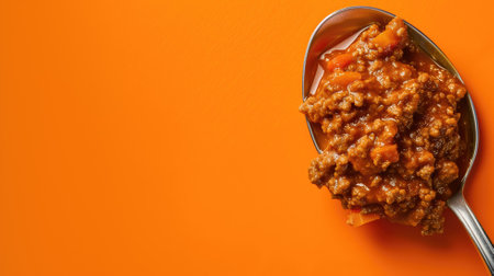 A spoonful of hearty chili on a vibrant orange backgroundの素材