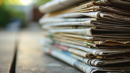 Stacked newspapers on a table with blurred backgroundの素材