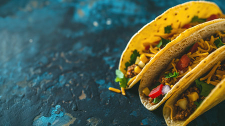 Colorful tacos with assorted fillings on blue surfaceの素材