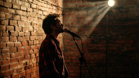 Silhouetted singer performing on stage against a brick wallの素材