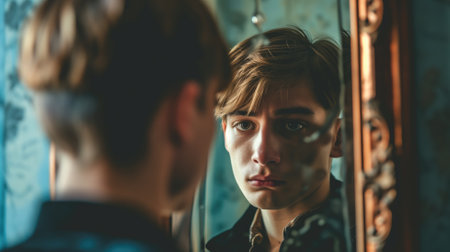 A young man looking at himself in the mirror, with a contemplative expressionの素材
