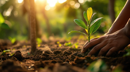 Hand planting a sapling in fertile soil at sunsetの素材