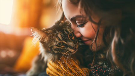 Close-up of a woman affectionately nuzzling a catの素材