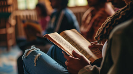 Hands holding an open book in a room with others readingの素材