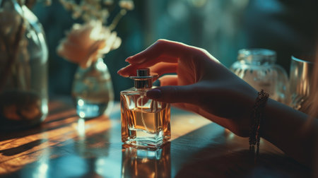 A hand holding a perfume bottle in moody lightingの素材