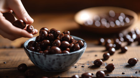 Hand picking a chocolate from a bowl on a wooden surfaceの素材