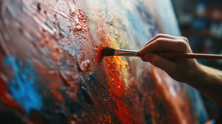 Close-up of an artist's hand painting with a red hueの素材