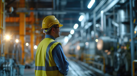 A factory worker in a hard hat reviewing documents on the production floorの素材