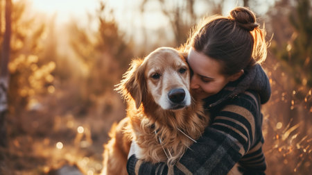 Woman hugging her golden retriever dog in a forest at sunsetの素材