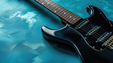 Black electric guitar on a textured blue backgroundの素材