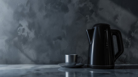 A sleek black electric kettle beside a matching cup on a grey backgroundの素材