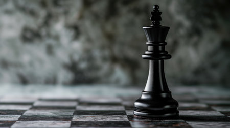 Black chess queen standing alone on a grey boardの素材