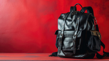 Luxurious black leather backpack against a dramatic red backdropの素材