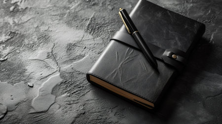A black leather diary with a pen, secured by a strap, on a textured grey surfaceの素材