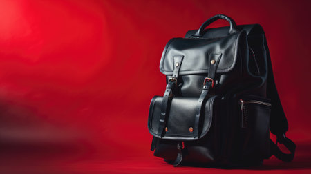 A stylish black leather backpack on a vibrant red backgroundの素材