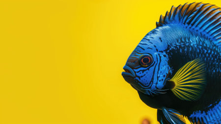 Close-up of a blue fish with a yellow background, showcasing texture and colorの素材