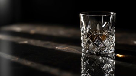 Sophisticated crystal whiskey glass on a reflective surfaceの素材