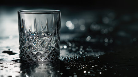 Crystal whiskey glass on a dark, wet surface with bokeh lightsの素材