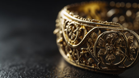 Golden filigree cuff bracelet on a dark backdropの素材