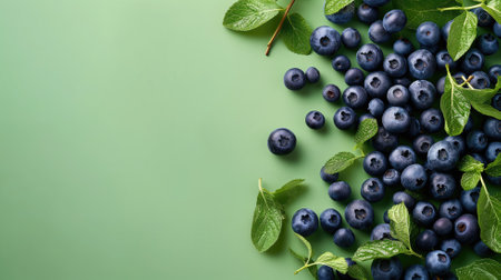 Blueberries with fresh leaves on a soft green backgroundの素材