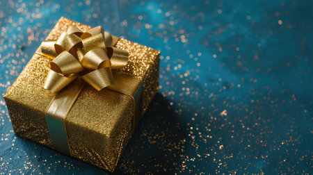 Glittering golden gift box with a bow on a blue bokeh backgroundの素材