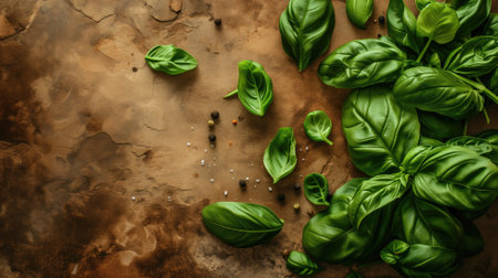 Vibrant green basil leaves on a rich brown backdrop with spicesの素材