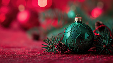 Green Christmas ornament with intricate patterns on a red, glittery surfaceの素材