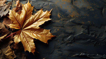 Golden maple leaves on a black surface with golden specksの素材