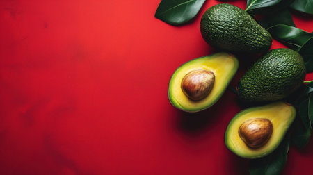 Avocado halves on a red surface with green leavesの素材