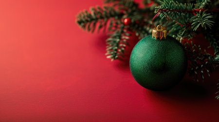Simple green Christmas ball on a vivid red background with pine branchesの素材