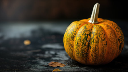 Vibrant orange pumpkin with intricate green patternsの素材