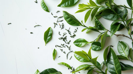 Scattered green tea leaves on a bright white surfaceの素材