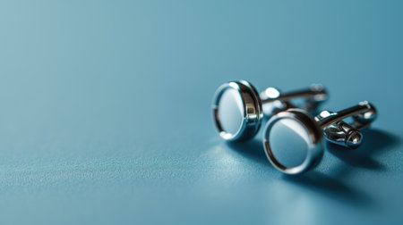 Elegant silver cufflinks on a smooth blue surfaceの素材