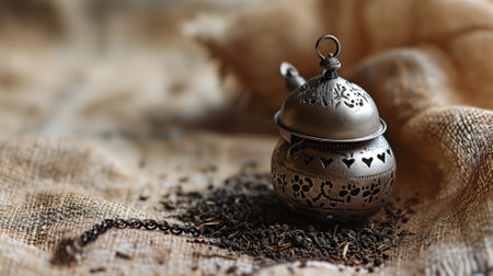Close-up of a tea infuser and loose tea leaves on burlapの素材