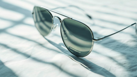 Silver-framed sunglasses on a white textured surface with shadowsの素材
