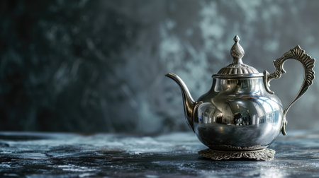 Shiny silver teapot with intricate details on a grey surface and a blue backdropの素材