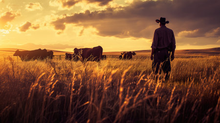 Cowboy with cattle at sunset in a golden fieldの素材