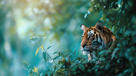 Tiger peering through lush green foliageの素材
